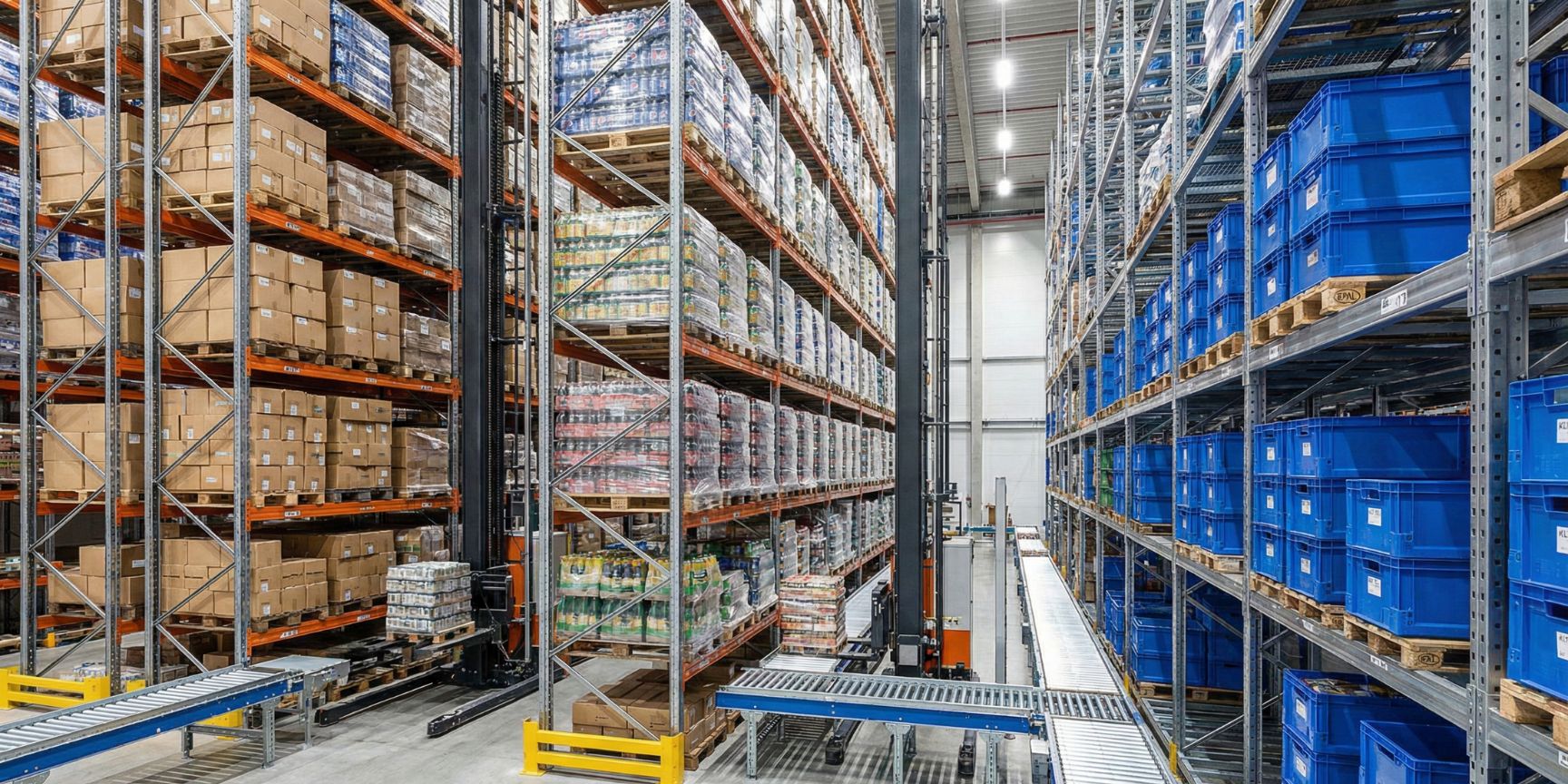 Modernes Hochregallager mit automatisierter Fördertechnik. Gezeigt werden verschiedene Verpackungen wie Kartons auf Paletten, folienumwickelte Getränkepaletten und blaue Kunststoff-Kleinladungsträger (KLT) in den Regalen. Ein Regalbediengerät bewegt eine Palette